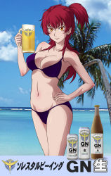 Rule 34 | 00s, 1girl, alcohol, beach, beer, beer mug, bikini, bottle, breasts, can, cleavage, cup, day, glass, gundam, gundam 00, hand on own hip, highres, hip focus, large breasts, long hair, mug, nena trinity, ocean, orange eyes, outdoors, red hair, side ponytail, solo, swimsuit, third-party edit, tooo, yellow eyes