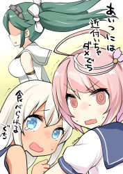 Rule 34 | 10s, 3girls, @ @, absurdres, ahoge, alternate hair color, artist name, blonde hair, blue eyes, blush, breasts, commentary request, detached sleeves, furrowed brow, green hair, hair ornament, hair ribbon, headgear, highres, i-58 (kancolle), isuzu (kancolle), kantai collection, large breasts, long hair, multiple girls, no eyes, open mouth, pink eyes, pink hair, rectangular mouth, remodel (kantai collection), ribbon, ro-500 (kancolle), ryuki (ryukisukune), sailor collar, school uniform, serafuku, shaded face, short hair, short sleeves, sleeveless, sweat, tan, translation request, trembling, twintails, wavy mouth