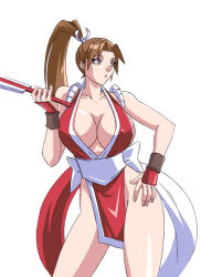 Rule 34 | 1girl, breasts, covered erect nipples, devil-v, fatal fury, hand fan, large breasts, no bra, ponytail, shiranui mai, simple background, snk, solo, the king of fighters, white background