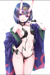 Rule 34 | 1girl, :d, breasts, fate/grand order, fate (series), hand on own hip, highres, horns, japanese clothes, kimono, letterboxed, looking at viewer, navel, oni, open mouth, petals, purple eyes, purple hair, ripe.c, short eyebrows, short hair, shuten douji (fate), skin-covered horns, small breasts, smile, solo, thigh gap