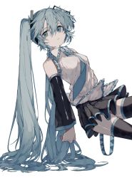 Rule 34 | 1girl, black skirt, black sleeves, black thighhighs, blue eyes, blue hair, blue necktie, closed mouth, collared shirt, commentary request, cowboy shot, deep (deep4946), detached sleeves, expressionless, frilled shirt, frills, hatsune miku, highres, long hair, looking at viewer, necktie, pleated skirt, shirt, simple background, skirt, sleeveless, sleeveless shirt, solo, thighhighs, twintails, very long hair, vocaloid, white background, white shirt