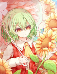 Rule 34 | 1girl, absurdres, closed mouth, commentary, flower, green hair, highres, holding, holding umbrella, kazami yuuka, long sleeves, parasol, plaid, plaid vest, red eyes, red vest, ro.ro, short hair, smile, solo, sunflower, touhou, umbrella, upper body, vest, yellow flower