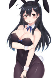 Rule 34 | 10s, 1girl, :o, ahoge, animal ears, arm grab, arm support, bare shoulders, between legs, black hair, black leotard, black pantyhose, blush, bow, bowtie, breast hold, breasts, brown eyes, cleavage, coffeedog, collarbone, commentary, cowboy shot, detached collar, eyebrows, fake animal ears, female focus, groin, hair between eyes, hand between legs, kantai collection, large breasts, leotard, long hair, looking at viewer, neck, open mouth, pantyhose, playboy bunny, rabbit ears, rabbit tail, shy, simple background, solo, strapless, strapless leotard, tail, ushio (kancolle), white background, wrist cuffs