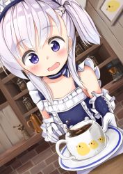 Rule 34 | 1girl, ame., azur lane, belfast (azur lane), blue dress, blush, braid, brick wall, collarbone, commentary request, cup, dress, dutch angle, elbow gloves, gloves, hair between eyes, holding, holding saucer, indoors, little bel (azur lane), long hair, maid headdress, one side up, open mouth, painting (object), picture frame, purple eyes, saucer, silver hair, sleeveless, sleeveless dress, solo, teacup, white gloves