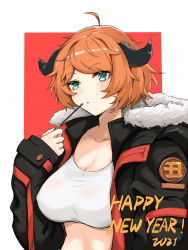 Rule 34 | 1girl, 2020, absurdres, ahoge, aqua eyes, arknights, black jacket, breasts, chinese commentary, cleavage, collarbone, commentary request, croissant (arknights), crop top, food, fur-trimmed jacket, fur trim, hand up, happy new year, highres, holding, holding food, horns, jacket, lanming, large breasts, long sleeves, midriff, new year, no headwear, orange hair, parted lips, pocky, shirt, short hair, solo, stomach, upper body, white shirt