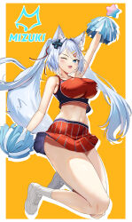 Rule 34 | 1girl, absurdres, animal ears, arm up, bare arms, bare shoulders, blue eyes, breasts, cheerleader, crop top, crop top overhang, d-pad, d-pad hair ornament, fox ears, fox girl, fox tail, hair ornament, hairclip, highres, holding, holding pom poms, indie virtual youtuber, large breasts, legs up, long hair, looking at viewer, midriff, miniskirt, mizuki (vtuber), navel, one eye closed, open mouth, oukafafafa, pleated skirt, pom pom (cheerleading), pom poms, red shirt, red skirt, shirt, shoes, skirt, sleeveless, sleeveless shirt, smile, sneakers, socks, solo, stomach, tail, thighs, twintails, very long hair, virtual youtuber, white footwear, white hair, white socks