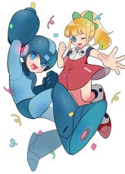 Rule 34 | 1boy, 1girl, ;), android, arm cannon, blonde hair, blue eyes, bow, clenched hand, confetti, dress, fist pump, flat chest, full body, green bow, hair bow, helmet, highres, long hair, m.k.o, one eye closed, red dress, mega man (series), mega man (character), mega man (classic), mega man 11, roll (mega man), sidelocks, smile, weapon