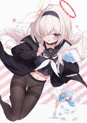 Rule 34 | 2girls, arona (blue archive), black choker, black coat, black hairband, black pantyhose, black shirt, blue archive, blue hair, blue shirt, blush, choker, coat, collarbone, falling, grey hair, hair over one eye, hairband, highres, holding, holding paper, looking at viewer, multicolored hair, multiple girls, navel, neckerchief, no pants, one eye covered, panties, panties under pantyhose, pantyhose, paper, pink hair, plana (blue archive), school uniform, serafuku, shirt, skirt, smile, sparkle, stomach, tongue, tongue out, two-tone hair, underwear, white neckerchief, white panties, white skirt, yoyopipa