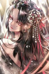 Rule 34 | 1boy, abin (cardinalhyuga s), androgynous, artist name, bare shoulders, beads, blurry, closed mouth, curtains, depth of field, double bun, eyelashes, eyeliner, fingernails, flower, from behind, glint, hair beads, hair bun, hair flower, hair ornament, hand up, highres, japanese clothes, kogarasumaru (touken ranbu), light particles, lipstick, long fingernails, long hair, looking back, makeup, male focus, mole, mole under eye, multicolored hair, off shoulder, red hair, red lips, sharp fingernails, shaved eyebrow, sidelocks, smile, solo, streaked hair, touken ranbu, upper body