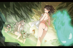 Rule 34 | 1boy, 3girls, animal, animal ears, arm rest, ass, back, bad id, bad pixiv id, bathing, black eyes, black hair, blue eyes, blunt bangs, blurry, blush, breasts, brown eyes, brown hair, closed mouth, covering privates, depth of field, fox ears, frown, ghost, hair ornament, hand on own chest, hand on own head, kisuke, kongiku, large breasts, leaf, leaf on head, letterboxed, long hair, looking at viewer, mixed-sex bathing, momohime, monkey, multiple girls, nude, nude cover, oboro muramasa, onsen, outdoors, partially submerged, pectorals, photoshop (medium), ponytail, revision, saitou masatsugu, shared bathing, sideboob, silver hair, sitting, sky, soaking feet, standing, steam, swept bangs, towel, towel on head, very long hair, walking, water, wavy hair, wet, white towel, yuzuruha