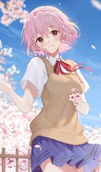 Rule 34 | 1girl, absurdres, blue skirt, blue sky, blush, braid, breasts, brown eyes, cherry blossoms, cherry tree, cowboy shot, date a live, flower, highres, holding, holding flower, ion (on01e), looking at viewer, medium breasts, medium hair, outdoors, petals, pink hair, school uniform, shirt, skirt, sky, smile, solo, sonogami rinne, vest, white shirt, yellow vest