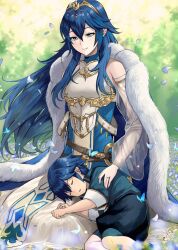 Rule 34 | 1boy, 1girl, aged down, alternate costume, ameno (a meno0), armor, armored dress, belt, blue cape, blue dress, blue eyes, blue hair, blue shirt, blue shorts, breastplate, brown belt, cape, chrom (child) (fire emblem), chrom (fire emblem), closed eyes, closed mouth, commentary request, dress, father and daughter, fire emblem, fire emblem awakening, fire emblem cipher, fire emblem heroes, fur-trimmed cape, fur trim, lap pillow, long hair, looking at another, looking down, lucina (fire emblem), nintendo, outdoors, petals, see-through, see-through sleeves, shirt, short hair, shorts, sitting, sleeping, smile, tiara