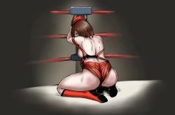 Rule 34 | 1girl, ass, bikini, bikini top only, booty shorts, brown hair, choker, cuffs, defeat, handcuffs, highres, hinomoto reiko, knock out, panties, red ribbon, red shorts, reiko hinomoto, ribbon, rumble roses, ryona, short hair, shorts, spanked, spanking, swimsuit, theearnestp, thighs, unconscious, underwear, wardrobe malfunction, white panties, wrestler, wrestling, wrestling outfit, wrestling ring