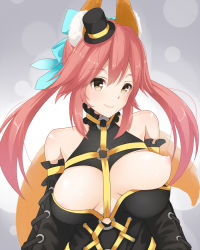 Rule 34 | 10s, 1girl, animal ears, bare shoulders, bokokichi (you), breast slip, breasts, brown eyes, fate/extra, fate (series), fox ears, hair ribbon, hat, long hair, nipples, official alternate costume, one breast out, pink hair, ribbon, smile, solo, tamamo no mae (fate/extra), tamamo no mae (sable mage) (fate), twintails