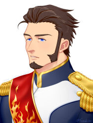 Rule 34 | 1boy, alternate hairstyle, bara, blue eyes, brown hair, facial hair, fate/grand order, fate (series), goatee, hair slicked back, highres, long sideburns, long sleeves, male focus, mature male, military, military uniform, napoleon bonaparte (fate), parted lips, sash, short hair, sideburns, solo, suzuki80, uniform, upper body, wide-eyed