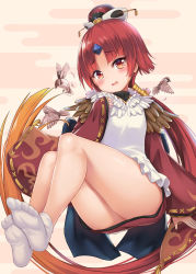 Rule 34 | 1girl, animal, apron, ass, bare legs, benienma (fate), bird, blush, brown hat, brown kimono, commentary request, egasumi, fate/grand order, fate (series), feet, fingernails, gradient hair, hand up, hat, head tilt, highres, japanese clothes, kimono, long hair, long sleeves, looking at viewer, low ponytail, milkshakework, multicolored hair, no shoes, orange hair, parted bangs, ponytail, red eyes, red hair, short kimono, sleeves past wrists, socks, soles, solo, very long hair, white apron, white socks, wide sleeves
