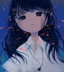 Rule 34 | 1girl, abstract, absurdres, antennae, black eyes, black hair, blood, bloody tears, collared shirt, half-closed eyes, highres, jewelry, long hair, looking at viewer, necklace, no nose, original, portrait, shirt, short sleeves, sizucomaru, solo, tears, white shirt