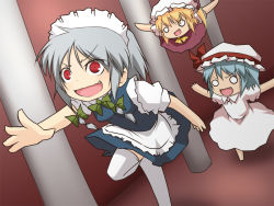 Rule 34 | 3girls, blonde hair, blue hair, chasing, chibi, dutch angle, embodiment of scarlet devil, fang, female focus, flandre scarlet, fleeing, flying, hairband, hat, izayoi sakuya, maid, multiple girls, noya makoto, o o, open mouth, outstretched arm, outstretched arms, outstretched hand, pillar, reaching, red eyes, remilia scarlet, running, short hair, silver hair, spread arms, thighhighs, touhou, upskirt