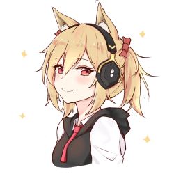 Rule 34 | 1girl, animal ear fluff, animal ears, arknights, black hoodie, blonde hair, blush, bow, breasts, closed mouth, collared shirt, cropped torso, hair bow, headphones, highres, hood, hood down, hoodie, looking at viewer, mango (mgo), red bow, red eyes, red neckwear, shirt, simple background, sleeveless, sleeveless hoodie, small breasts, smile, solo, sora (arknights), sparkle, twintails, upper body, white background, white shirt