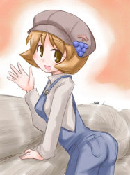 Rule 34 | 1girl, aki minoriko, brown eyes, brown hair, female focus, food, fruit, grapes, hat, kugelschreiber, looking at viewer, looking back, mouse (animal), open mouth, overalls, short hair, smile, solo, touhou