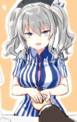 Rule 34 | 10s, 1girl, beret, blue eyes, blush, breasts, employee uniform, engiyoshi, holding hands, hat, kantai collection, kashima (kancolle), large breasts, lawson, long hair, looking at viewer, open mouth, pov, shirt, sidelocks, silver hair, smile, solo focus, striped, tsurime, twintails, uniform, wavy hair