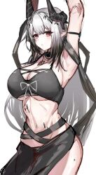 Rule 34 | 1girl, arknights, armpits, arms up, black bra, black horns, blunt bangs, bra, breasts, cleavage, commentary, cowboy shot, grey hair, highres, horns, large breasts, long hair, looking at viewer, midriff, mini2chainz, mudrock (arknights), pointy ears, red eyes, simple background, solo, standing, stomach, thighs, underwear, white background