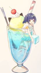 Rule 34 | 1girl, animal, bare arms, bare shoulders, bikini, blue hair, cat, cherry, cream, food, frilled bikini, frills, fruit, glass, green eyes, highres, ice block, looking at viewer, original, partially submerged, sencha (senta 10), side ponytail, simple background, swimsuit, water, white background