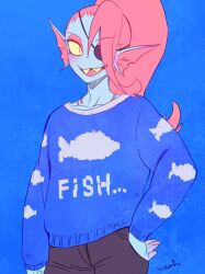 Rule 34 | 1girl, animal print, blue background, blue skin, clothes writing, colored sclera, colored skin, commentary request, cowboy shot, eyepatch, fins, fish print, gills, hand on own hip, head fins, highres, long hair, looking at viewer, monster girl, noah (tettsui-sole), ponytail, print sweater, red hair, sharp teeth, signature, simple background, slit pupils, smile, solo, sweater, teeth, undertale, undyne, yellow sclera, yellow teeth