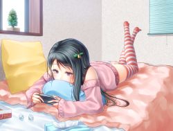 Rule 34 | 1girl, bed, bed sheet, bedroom, bell, black hair, christmas tree, hair bell, hair ornament, handheld game console, indoors, legs up, long hair, long sleeves, lying, no shoes, noppi (noppi 98), off shoulder, on bed, on stomach, original, panties, pillow, playing games, purple eyes, solo, striped clothes, striped thighhighs, sweater, thighhighs, tissue box, underwear, used tissue, window, window blinds