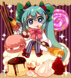 Rule 34 | 1girl, :p, aqua hair, blue eyes, cake, candy, cherry, chibi, cream, food, food-themed clothes, fruit, hair ornament, hatsune miku, kazu tanuki, lollipop, long hair, macaron, microphone, microphone stand, pantyhose, pastry, pocky, polka dot, pudding, purple pantyhose, smile, solo, sparkle, spoon, strawberry, striped clothes, striped pantyhose, swirl lollipop, tongue, tongue out, twintails, vertical-striped clothes, vertical-striped pantyhose, vocaloid