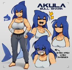 Rule 34 | 1girl, arrow (symbol), blue hair, blush, breasts, cleavage, closed eyes, d-floe, facing viewer, fins, fish tail, highres, large breasts, long hair, looking at viewer, multiple views, muscular, muscular female, original, parted lips, shark fin, shark girl, shark tail, sports bra, tail, teeth, yellow eyes
