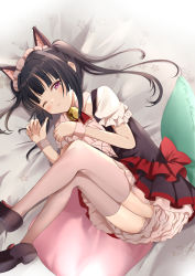 Rule 34 | 1girl, animal ears, bed sheet, bell, black dress, black footwear, black hair, blunt bangs, cat ears, closed mouth, commentary, dress, fake animal ears, frilled dress, frills, from above, grey thighhighs, half-closed eye, highres, jingle bell, legs up, long hair, looking at viewer, maid headdress, neck bell, on bed, one eye closed, puffy short sleeves, puffy sleeves, purple eyes, rikopin, senki zesshou symphogear, shoes, short dress, short sleeves, sleepy, solo, thighhighs, tsukuyomi shirabe, twintails, wrist cuffs