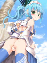 Rule 34 | 1girl, anus, aqua hair, armor, ass, blue thighhighs, blush, breasts, character request, cleft of venus, cloud, emurin, female focus, green eyes, hair ornament, headdress, highres, long hair, looking back, nipples, no panties, palm tree, ponytail, pussy, sky, small breasts, solo, source request, thighhighs, tree, uncensored