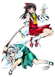 Rule 34 | 2girls, bad id, bad pixiv id, blue eyes, bobby socks, bow, brown hair, detached sleeves, female focus, fighting stance, ghost, hairband, hakurei reimu, holding, holding sword, holding weapon, japanese clothes, jumping, katana, konpaku youmu, konpaku youmu (ghost), legs, mary janes, miko, multiple girls, ofuda, open mouth, popqn, red eyes, shoes, short hair, silver hair, simple background, smile, socks, sword, touhou, weapon