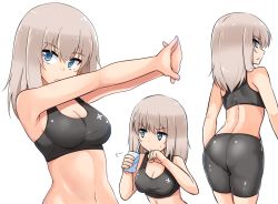 Rule 34 | 10s, 1girl, armpits, ass, bare shoulders, bike shorts, blue eyes, blush, breasts, cleavage, covered erect nipples, girls und panzer, groin, itsumi erika, kitayama miuki, looking at viewer, medium breasts, multiple views, navel, silver hair, simple background, sports bra, standing, stretching, sweat, white background