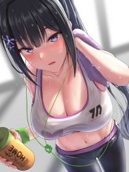 Rule 34 | 1girl, bare shoulders, black hair, black pants, blue archive, blurry, blurry background, blush, breasts, cleavage, collarbone, crop top, dot nose, hair between eyes, hair ornament, highres, holding, large breasts, light blush, long hair, looking at viewer, midriff, navel, nervous sweating, pants, ponytail, purple eyes, see-through, see-through sports bra, silver bullet (ecc12 8), solo, sports bra, sportswear, sumire (blue archive), sweat, tight clothes, tight pants, towel, very sweaty, wet, wet bra, wet clothes, wet towel, white sports bra, wiping sweat, wristband, yoga pants