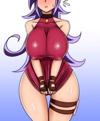 Rule 34 | 1girl, asortofcolorfag, belt, blush, breasts, cleavage, clothes pull, dress, dress pull, duel masters, embarrassed, exposed thigh, female focus, fingerless gloves, gloves, gluteal fold, head out of frame, heart, huge breasts, microdress, one eye closed, pulling own clothes, purple hair, red skirt, skirt, solo, tasogare mimi, thick thighs, thighs, v arms, wink