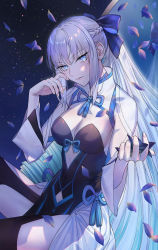 Rule 34 | 1girl, absurdres, blue eyes, braid, breasts, cleavage, eyebrows hidden by hair, fate/grand order, fate (series), hair ribbon, highres, holding, holding petal, long hair, looking at viewer, morgan le fay (fate), night, night sky, nipi27, petals, ponytail, ribbon, sky, solo, star (sky)