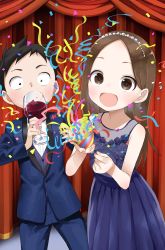 Rule 34 | 1boy, 1girl, :d, absurdres, bare arms, bare shoulders, black hair, blue dress, blue flower, blue jacket, blue pants, blue rose, brown eyes, brown hair, commentary request, cup, dress, drinking glass, flower, forehead, formal, highres, holding, holding cup, jacket, karakai jouzu no takagi-san, long hair, nishikata, official art, open mouth, pants, parted bangs, party popper, purple vest, rose, shirt, sleeveless, sleeveless dress, smile, streamers, suit, takagi-san, very long hair, vest, white shirt, wine glass, yamamoto souichirou