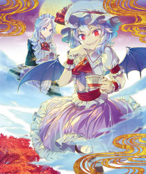 Rule 34 | 2girls, apron, ascot, autumn, autumn leaves, bat wings, blue eyes, bow, braid, commentary request, cup, dress, fangs, frilled dress, frills, full moon, hand on own cheek, hand on own face, hat, hat bow, holding, holding cup, izayoi sakuya, light purple hair, looking at viewer, maid, maid apron, maid headdress, mob cap, moon, multiple girls, pantyhose, parted bangs, puffy short sleeves, puffy sleeves, red eyes, remilia scarlet, sash, sharp teeth, short hair, short sleeves, silver hair, sketch, slit pupils, smile, smoke, spread wings, teacup, teapot, teeth, touhou, tree, twin braids, wings, wrist cuffs, zounose