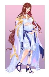 Rule 34 | 1girl, altena (fire emblem), blue footwear, breasts, brown eyes, brown hair, collar, cosplay, deirdre (fire emblem) (cosplay), detached sleeves, dress, fire emblem, fire emblem: genealogy of the holy war, full body, gradient background, hair over shoulder, hand on own stomach, headband, heels, high heel sandals, high heels, highres, large breasts, long hair, looking down, nintendo, ornament, outside border, pink background, pregnant, solo, swept bangs, tiametta, very long hair, white dress, wide sleeves