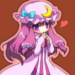 Rule 34 | 1girl, bad id, bad pixiv id, bow, crescent, female focus, hair ribbon, hat, heart, kajo, long hair, patchouli knowledge, pink bow, purple eyes, purple hair, ribbon, solo, touhou