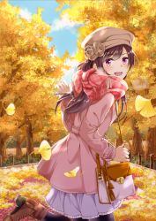 Rule 34 | 1girl, :d, autumn leaves, bag, black pantyhose, blue sky, blurry, blurry background, blush, boots, breath, brown footwear, brown hair, brown hat, day, ginkgo leaf, hand up, handbag, hat, highres, jacket, leaf, murakit, open mouth, original, outdoors, pantyhose, pink eyes, pink jacket, pink scarf, plaid, plaid scarf, running, scarf, skirt, sky, smile, solo, tree