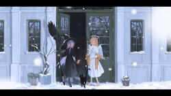 Rule 34 | 2girls, ^ ^, absurdres, angel, angel wings, barefoot, black capelet, black cat, black dress, black footwear, black hat, blonde hair, boots, broom, building, capelet, cat, chinese commentary, closed eyes, collared capelet, commentary request, cross-laced footwear, day, door, dress, facing viewer, halo, hat, highres, holding, holding broom, house, kimonogo, knee boots, letterboxed, long hair, multiple girls, open door, open mouth, original, outdoors, plant, potted plant, purple hair, scenery, smile, snow, snowing, standing, white dress, white wings, wide shot, window, wings, winter, witch, witch hat