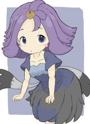 Rule 34 | 1girl, absurdres, acerola (pokemon), blue background, blue dress, blush stickers, collarbone, commentary request, creatures (company), dress, forehead, game freak, highres, leaning forward, looking at viewer, nintendo, parted lips, pokemon, pokemon sm, purple eyes, purple hair, rururu (pyrk8855), short sleeves, solo, standing, two-tone background, white background, wide sleeves