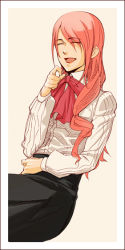 Rule 34 | 1girl, atlus, happy, kirijou mitsuru, laughing, long hair, persona, persona 3, red hair, ribbon, sitting, smile, solo, yoshida shiro