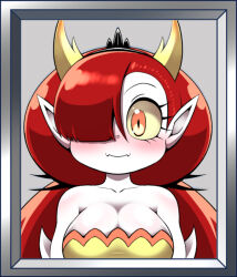 Rule 34 | 1girl, blush, breasts, cleavage, cocco (cocco1192), colored sclera, colored skin, disney, dress, eyelashes, fangs, female focus, hair over one eye, hekapoo, highres, horns, large breasts, long hair, looking at viewer, monster girl, orange eyes, pointy ears, red hair, smile, solo, spikes, star vs the forces of evil, white skin, yellow dress, yellow sclera