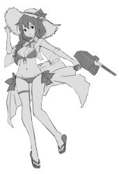 Rule 34 | 1girl, adapted turret, bikini, breasts, cannon, cleavage, collared shirt, dress shirt, flower, front-tie bikini top, front-tie top, full body, greyscale, hair over shoulder, hat, hat flower, highres, kantai collection, long hair, medium breasts, monochrome, neck ribbon, neve (morris-minicooper), official alternate costume, open clothes, open shirt, ribbon, sandals, shigure (kancolle), shigure kai san (kancolle), shirt, side-tie bikini bottom, solo, straw hat, swimsuit, turret, white shirt