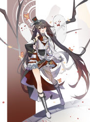 Rule 34 | 1girl, absurdres, alternate costume, asymmetrical sleeves, black footwear, black hat, boots, brown hair, detached sleeves, dress, floating hair, full body, genshin impact, hand on own hip, hat, highres, hu tao (genshin impact), knee boots, long hair, long sleeves, looking at viewer, mini hat, mismatched sleeves, qixia, red eyes, short dress, solo, standing, symbol-shaped pupils, twintails, very long hair, vest, white dress, white vest
