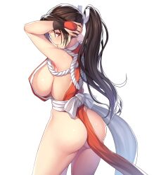 Rule 34 | 1girl, ass, breasts, brown hair, curvy, fatal fury, high ponytail, huge ass, kunoichi, large breasts, long hair, ponytail, revealing clothes, shiny skin, shiranui mai, simple background, smile, solo, wide hips